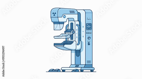A stylized illustration of a mammography machine in light and dark blue, featuring compression plates, an X-ray symbol, and a digital imaging display.