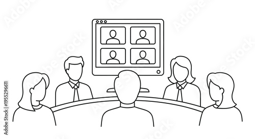 A group of people participating in a video conference meeting shown as a line drawing