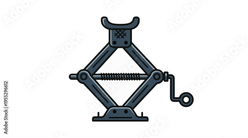 An illustration of a grey scissor car jack with a handle, used for lifting vehicles. It features a diamond-shaped mechanism with a central threaded rod.