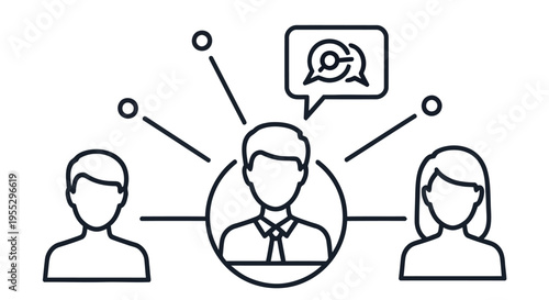 Line art illustration depicting a central figure connected to surrounding people