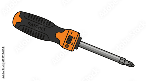 An illustration of a ratcheting screwdriver with an orange and black handle, featuring a selector switch for forward, reverse, and fixed modes. It has a Phillips head bit.