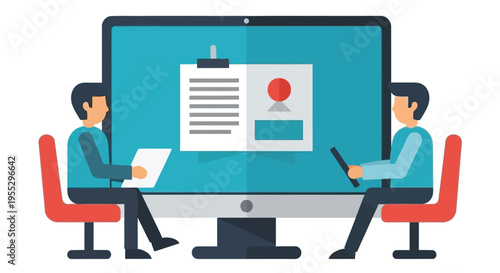 Virtual interview setup with two people facing a computer screen