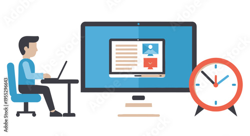 Person working on a laptop with a desktop computer and clock nearby