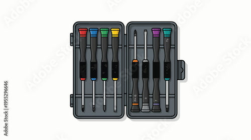 Flat illustration of an open grey case containing a set of precision screwdrivers with black handles and colorful tops, neatly arranged on a white background.