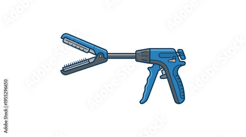 A blue medical surgical stapler, likely for laparoscopic use, is depicted with its jaws open, revealing staples and an anvil.