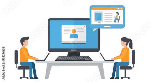 Two people collaborating on laptops with a virtual meeting displayed on a computer