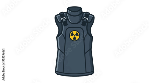 A cartoon illustration of a dark grey tactical vest or body armor with a high collar and shoulder buckles, featuring a prominent yellow radiation symbol on the chest.