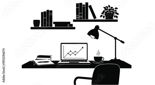 Minimalist workspace illustration featuring books a laptop lamp and coffee mug