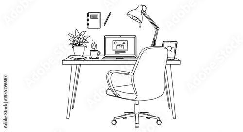 A minimalist workspace featuring a laptop chair plant and office supplies