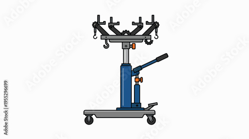 An illustration of a blue and gray hydraulic transmission jack on wheels, featuring a rotatable mounting head with adjustable arms, set against a plain white background.