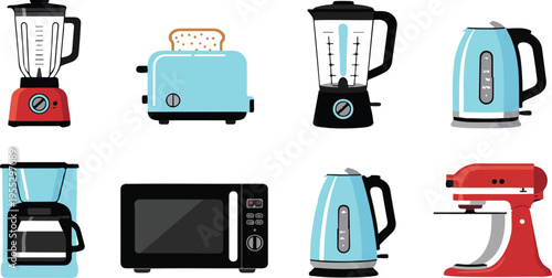 Kitchen appliance icon set including blender, toaster, kettle, microwave, coffee maker, and mixer for home design vector illustration