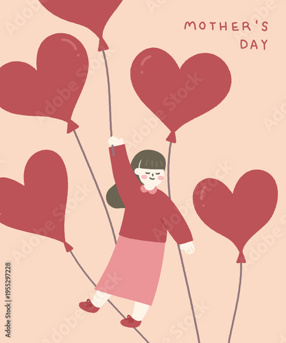 Mother's day template with mother and heart shape balloon illustration.