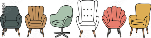 Set of flat vector illustrations of mid-century modern armchairs in various styles and colors, retro furniture collection for interior design projects
