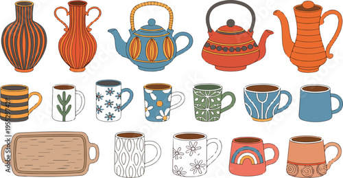 Set of handmade ceramic mugs, vases, teapots, and wooden tray in hand-painted style, perfect for craft, kitchen, and home decor vector illustration