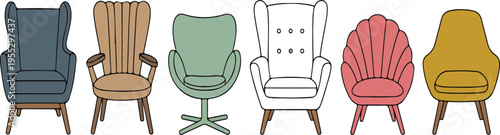 Set of flat vector illustrations of mid-century modern armchairs in various styles and colors, retro furniture collection for interior design projects