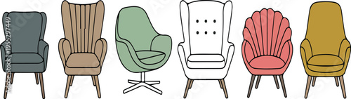 Set of flat vector illustrations of mid-century modern armchairs in various styles and colors, retro furniture collection for interior design projects