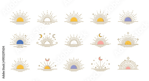Collection of Celestial Sun and Moon Symbols.