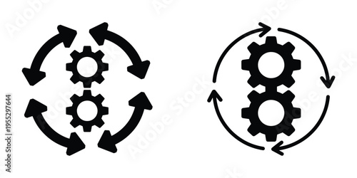Two black icons featuring interlocking gears surrounded by arrows, symbolizing a cyclical process or mechanical system.