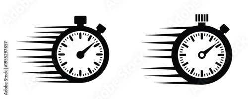Two black icons of stopwatches with motion blur lines, illustrating speed, rapid action, and time-sensitive processes.