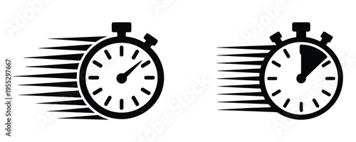 Two black icons of stopwatches with motion blur lines, representing speed, quickness, and time-sensitive actions.