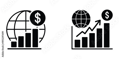 Icons depicting global economic progress with rising bar charts, a globe, and dollar symbols.