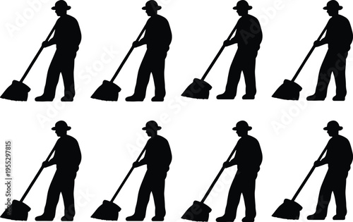 Silhouette of a man with a broom, sweeping the floor, isolated on a white background, representing cleaning and tidiness.