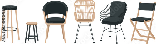 Set of modern Scandinavian boho style furniture including sofa, chairs, and coffee table for outdoor and indoor living spaces vector illustration