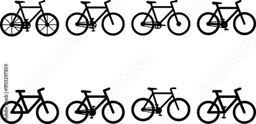 Set of diverse bicycle silhouettes, showcasing different styles from road bikes to mountain bikes, for transportation and recreation.