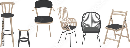 Set of modern Scandinavian boho style furniture including sofa, chairs, and coffee table for outdoor and indoor living spaces vector illustration