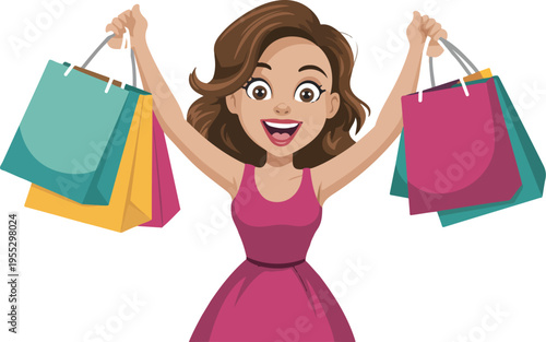 Happy women looking up with shopping bags vector illustration, modern female shoppers enjoying retail therapy and fashion sale