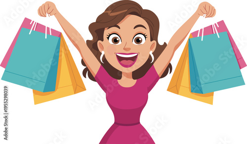 Happy women looking up with shopping bags vector illustration, modern female shoppers enjoying retail therapy and fashion sale