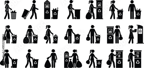 Garbage Disposal Silhouette Set Featuring People Throwing Waste in Bins Recycling Trash Bags and Environmental Conservation Activities for Professional Graphic Design and Stock Illustration