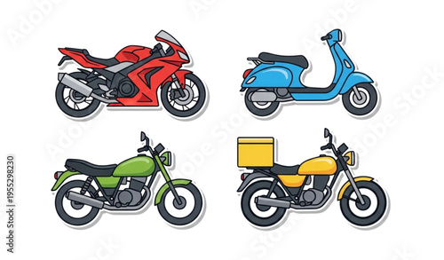 Motorcycle Sticker Icon Set with Sports Bikes Scooters and Delivery Vehicles