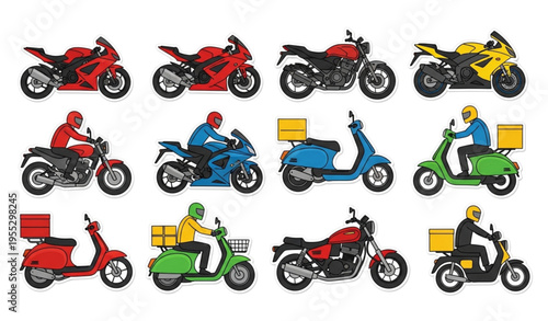 Motorcycle Sticker Icon Set with Sports Bikes Scooters and Delivery Vehicles