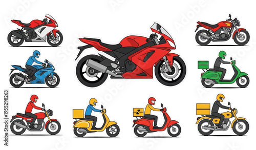 Motorcycle Sticker Icon Set with Sports Bikes Scooters and Delivery Vehicles