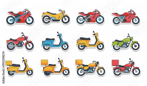 Motorcycle Sticker Icon Set with Sports Bikes Scooters and Delivery Vehicles
