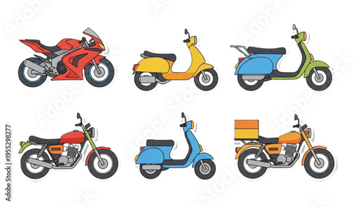 Motorcycle Sticker Icon Set with Sports Bikes Scooters and Delivery Vehicles