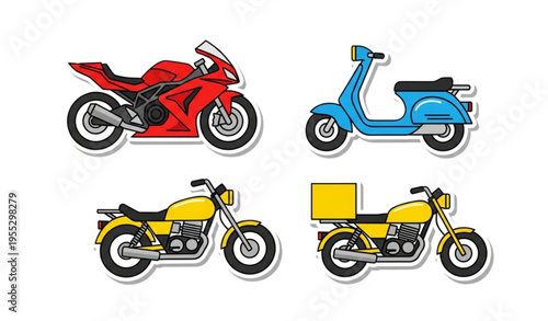 Motorcycle Sticker Icon Set with Sports Bikes Scooters and Delivery Vehicles