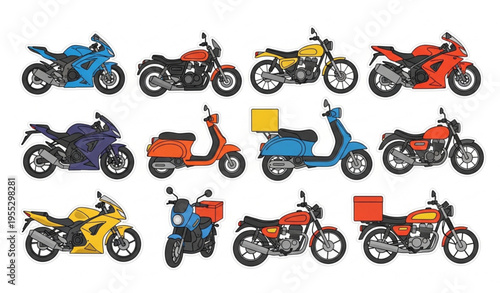 Motorcycle Sticker Icon Set with Sports Bikes Scooters and Delivery Vehicles