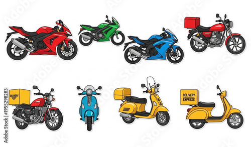 Motorcycle Sticker Icon Set with Sports Bikes Scooters and Delivery Vehicles