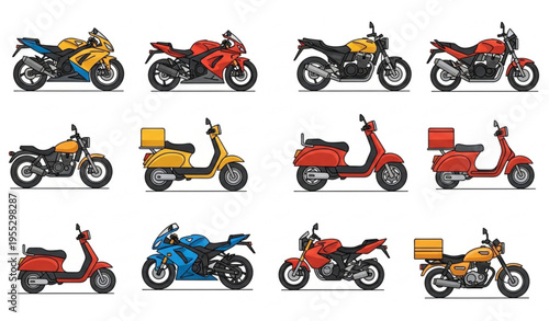 Motorcycle Sticker Icon Set with Sports Bikes Scooters and Delivery Vehicles