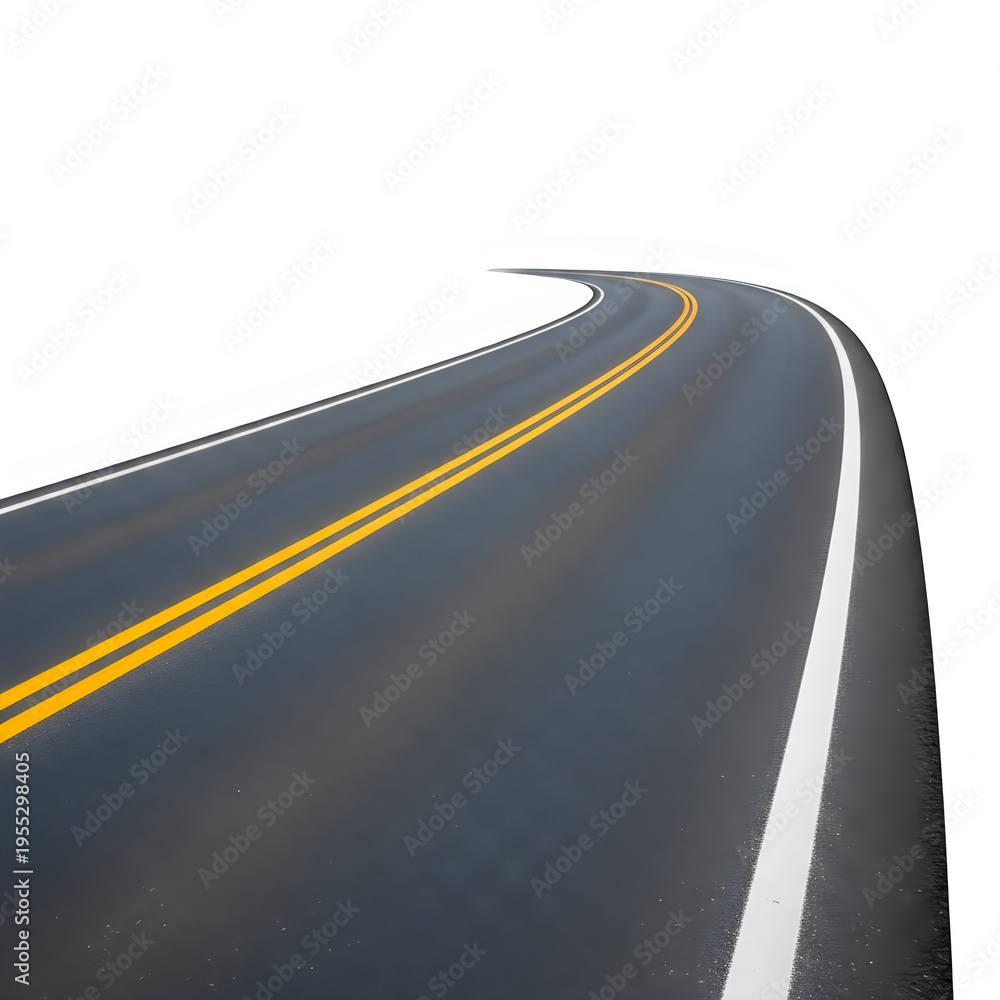 Obraz premium Curved asphalt road with yellow lines isolated on transparent background