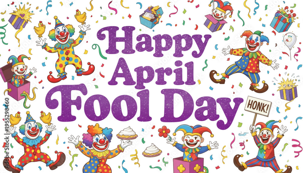 Fototapeta premium Celebrating April Fool's Day with Joyful Clowns, Confetti, and Gifts for Festive Holiday Marketing.