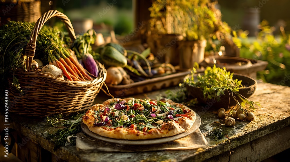 Fototapeta premium A vibrant pizza topped with vegetables and herbs as the main subject placed on a rustic countryside dining table surrounded by baskets of fresh produce and herbs from the garden, warm golden sunlight 