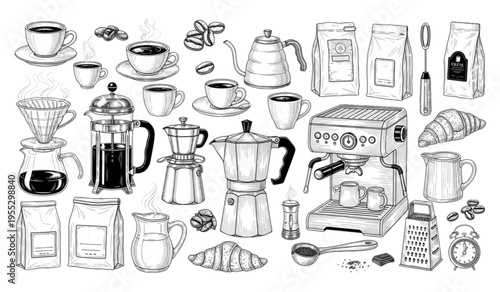 Hand drawn coffee shop elements set with brewing equipment and espresso machines for cafe menu or coffee branding design