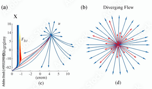 Scientific mathematical diagram illustrating vector fields and flow dynamics with arrows for academic or research papers