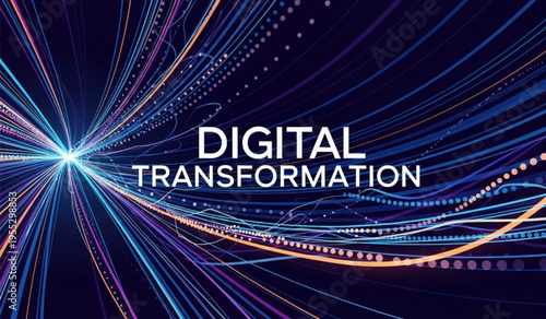 Digital transformation conceptual background with glowing data lines and light trails for business technology presentation
