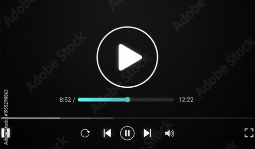 Video player interface overlay on dark background with play button and progress bar for web and mobile applications