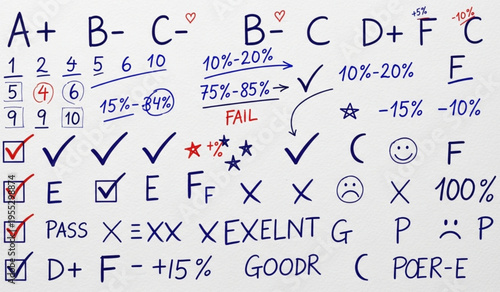 Collection of school grading marks and handwritten feedback symbols on white background for educational assessment design