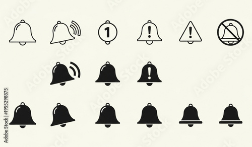 Large collection of notification bell icons in various styles and states including active and silent modes on white